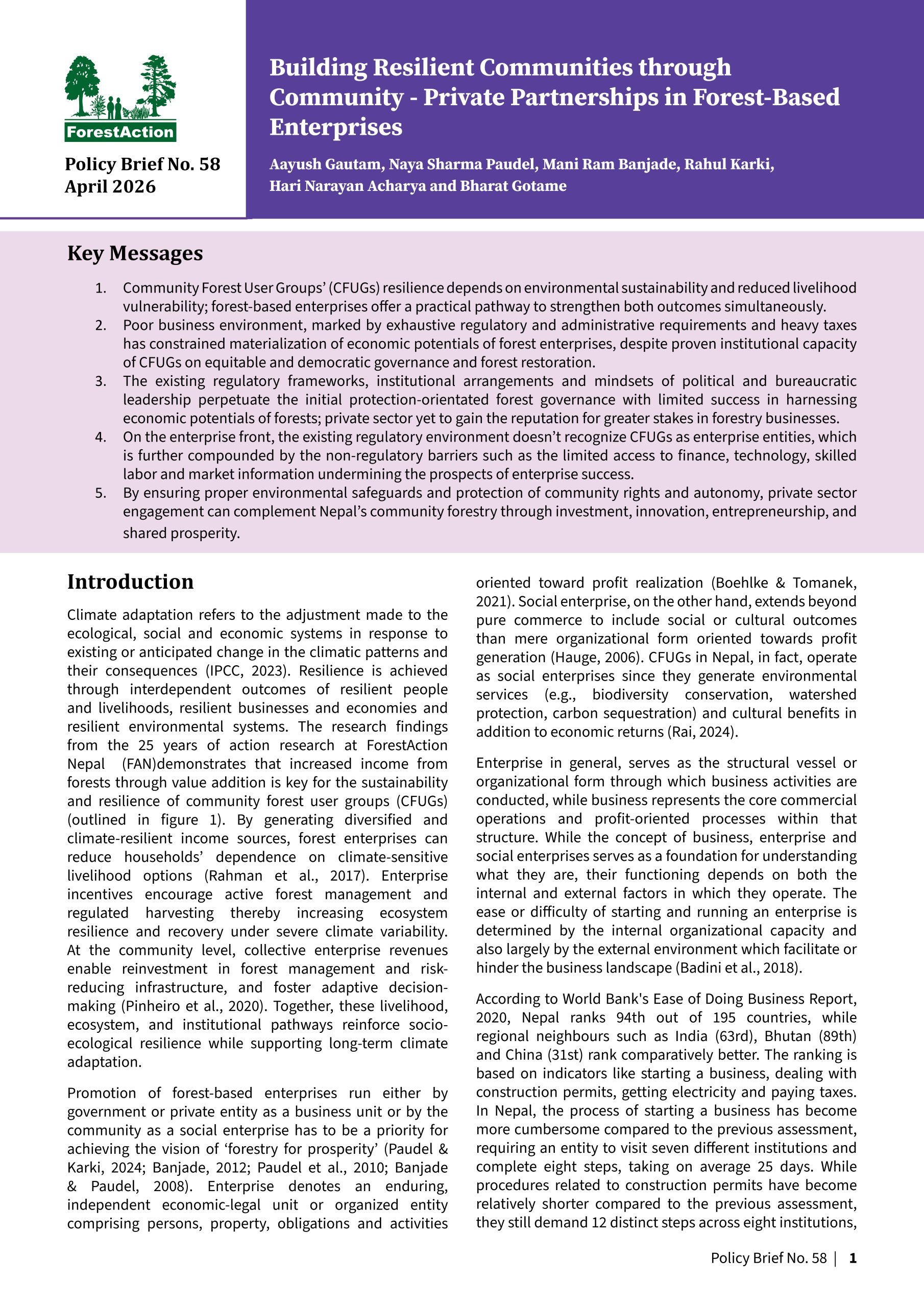 Building Resilient Communities through Community-Private Partnerships in Forest-Based Enterprises